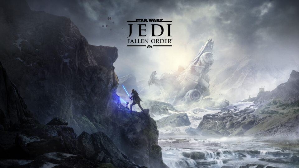Illustrazione di Star Wars Jedi: Fallen Order con un Jedi che impugna una spada laser su una scogliera, di fronte ai resti di un velivolo precipitato